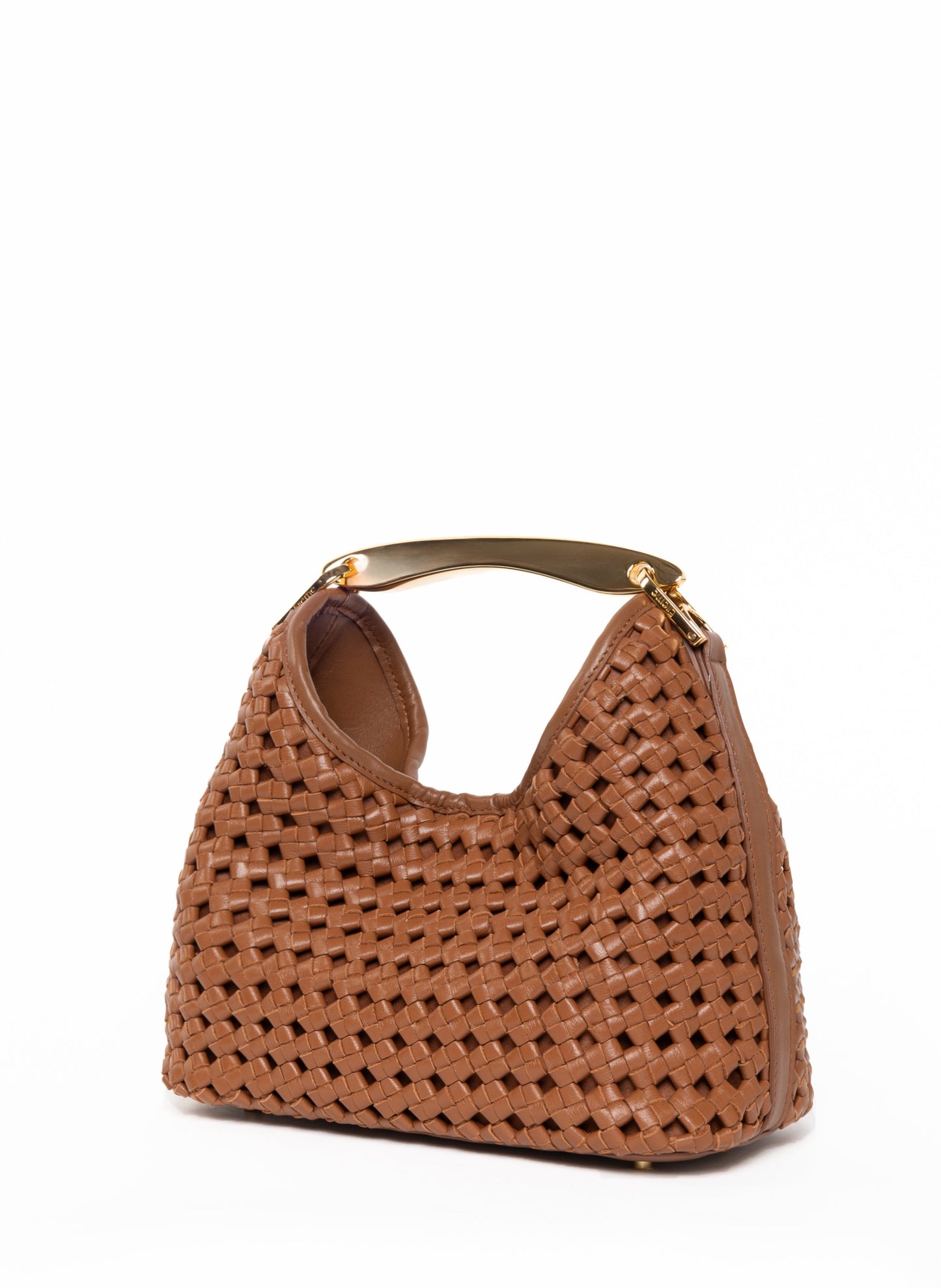 Small Boomerang Woven Leather Cognac