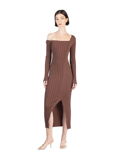 Asymmetric Fitted Dress Brown