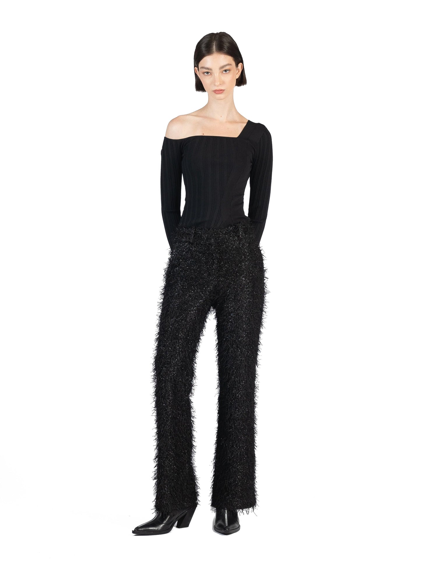 Fluffy Fitted Tailored Trousers Black