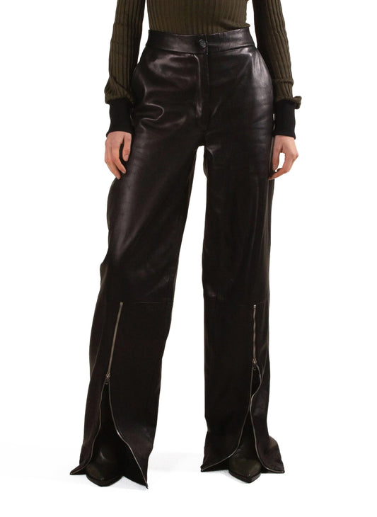 Wide Leg Leather Zipper Trousers